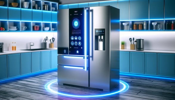 high-tech smart refrigerator with a screen on its front sitting in the middle of a kitchen.