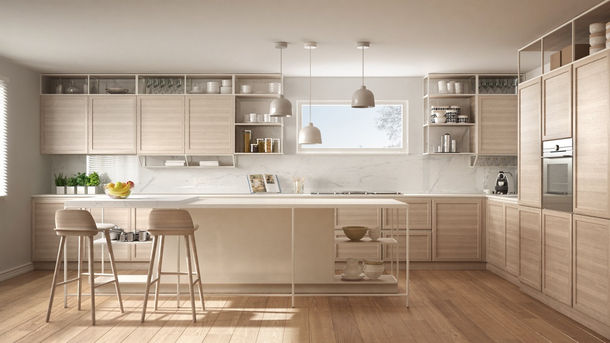 Warm and simple home remodel with two kitchen islands and mar stool seating