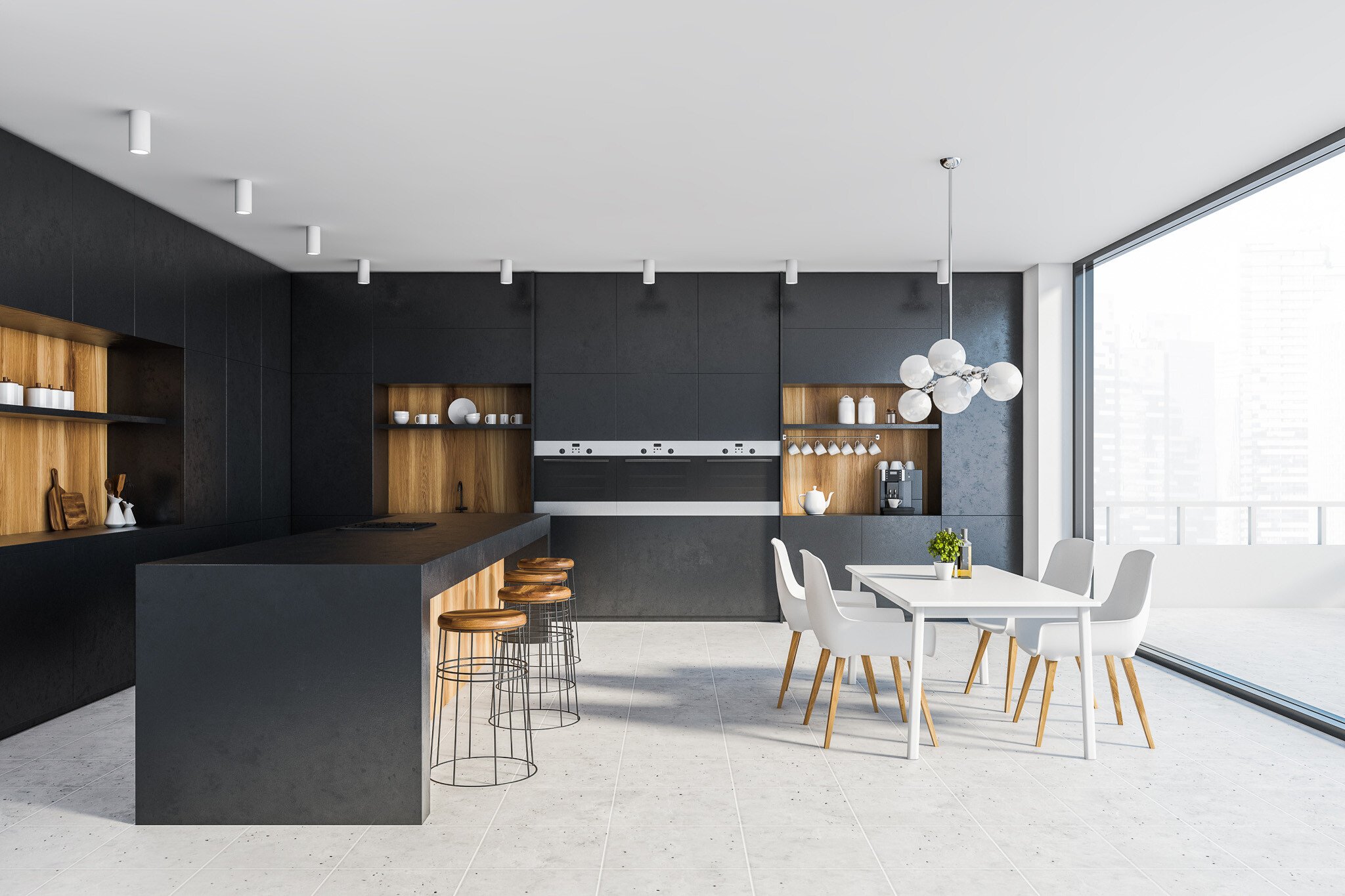 Modern luxury kitchen with sleek black cabinetry, built-in high-end appliances, and warm wood accents. A spacious island with barstools provides seating, while a stylish dining area with white chairs sits near floor-to-ceiling windows overlooking a city skyline.