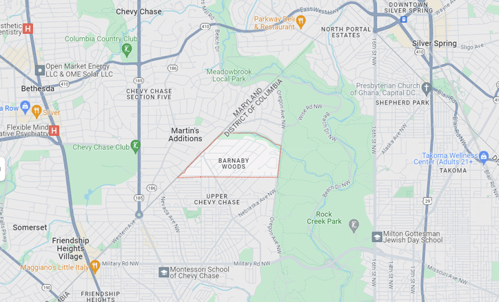 Map showing where Barnaby Woods is located in Washington DC.