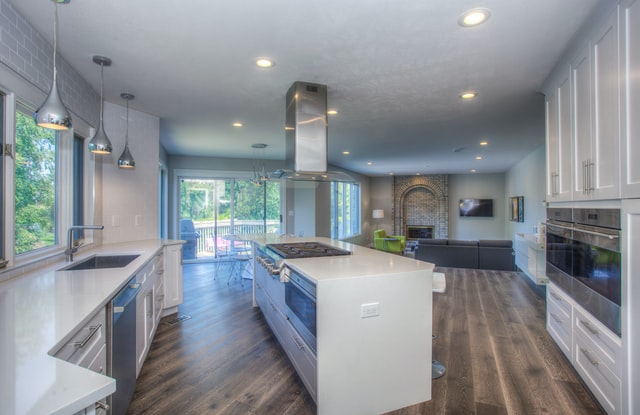 Open floor plan kitchen with built in appliances and island