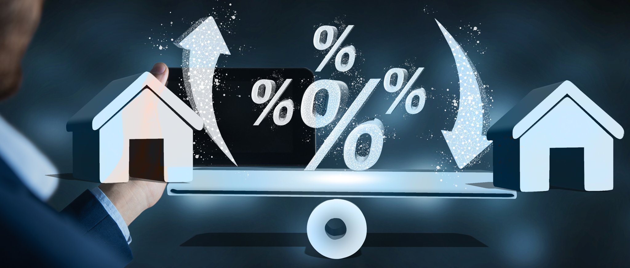 Houses sitting on a balance scale with percentage signs determining their rise or fall. 