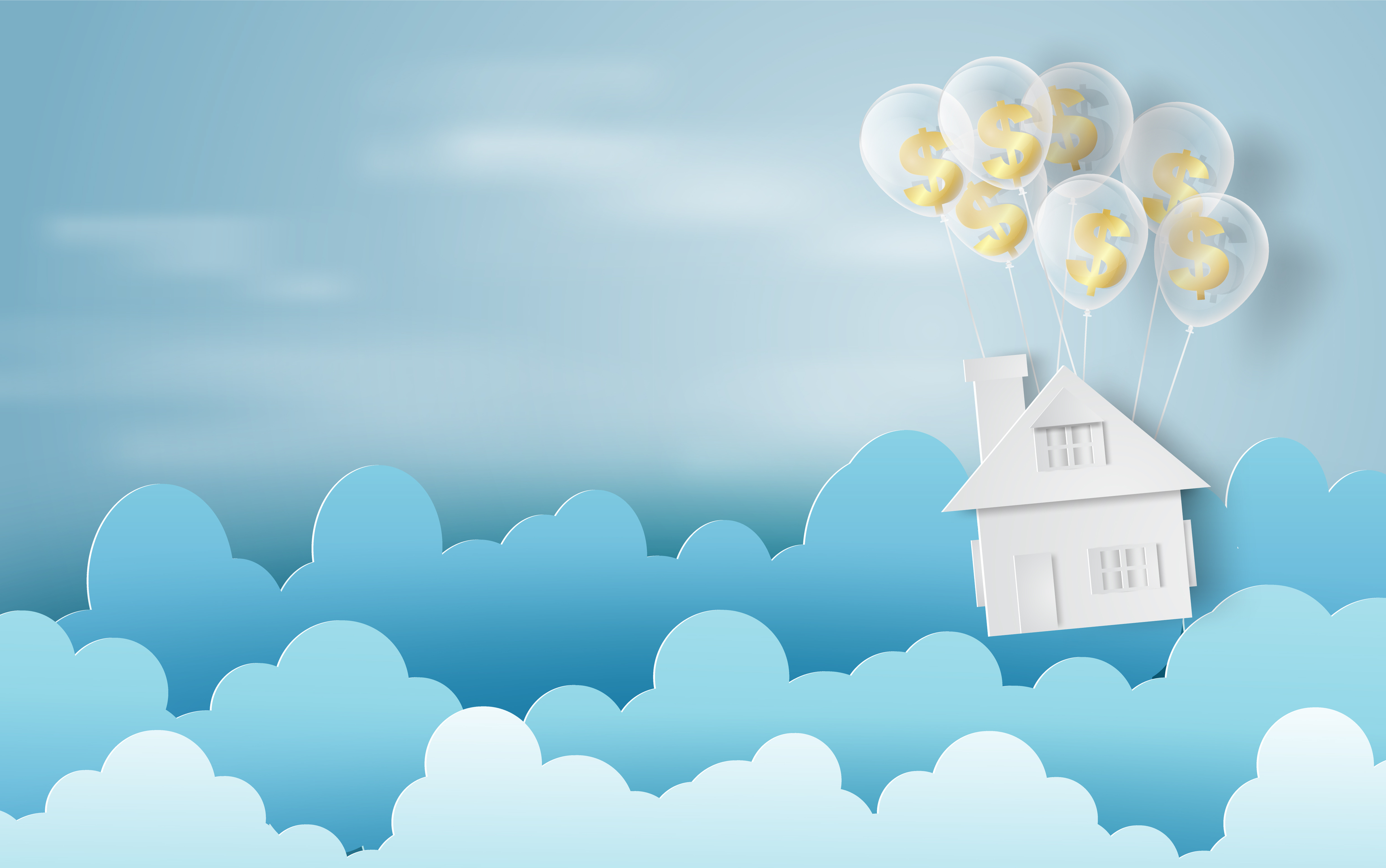 A home being lifted through the clouds by balloons containing dollar signs.